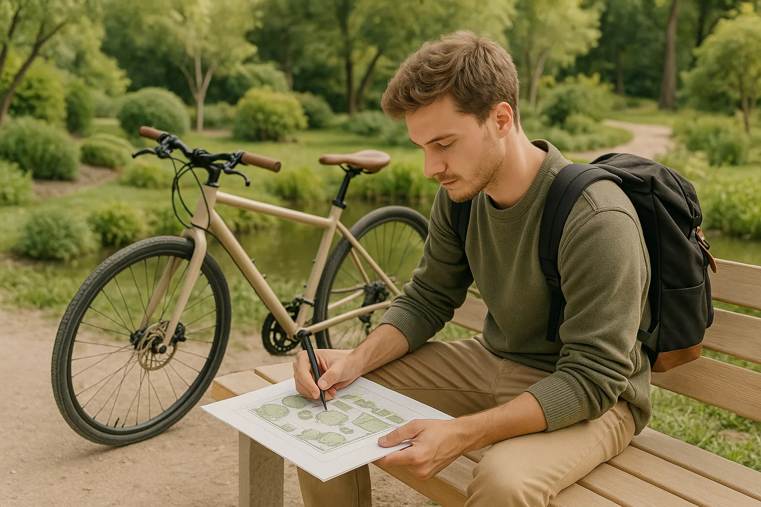 парень рисует проект на скамейке в парке с велосипедом