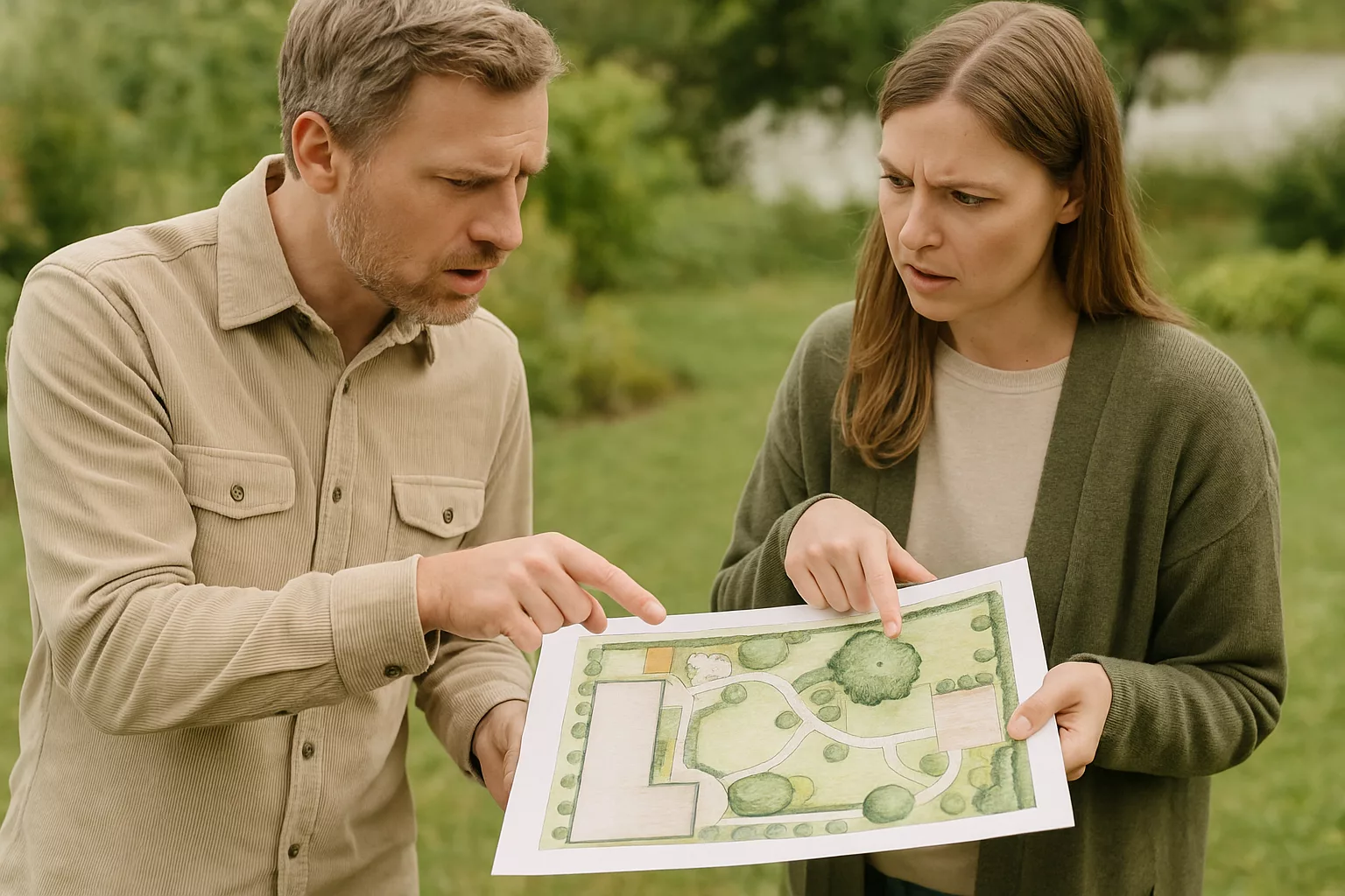 двое обсуждают распечатанный план на открытом воздухе