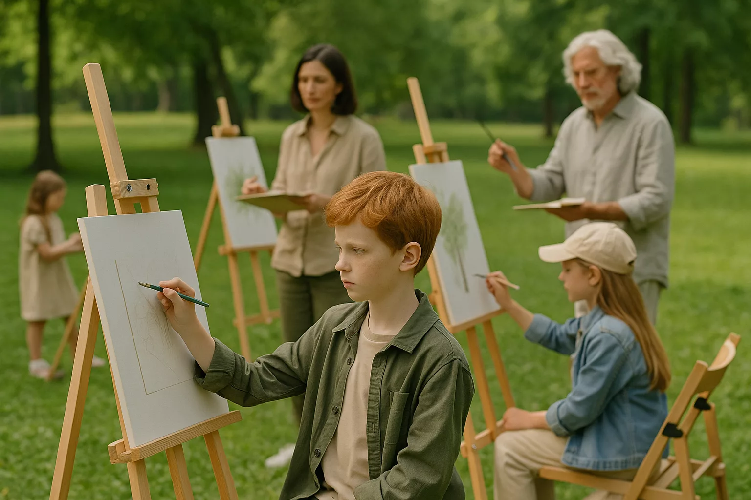 дети и взрослые рисуют на мольбертах на свежем воздухе