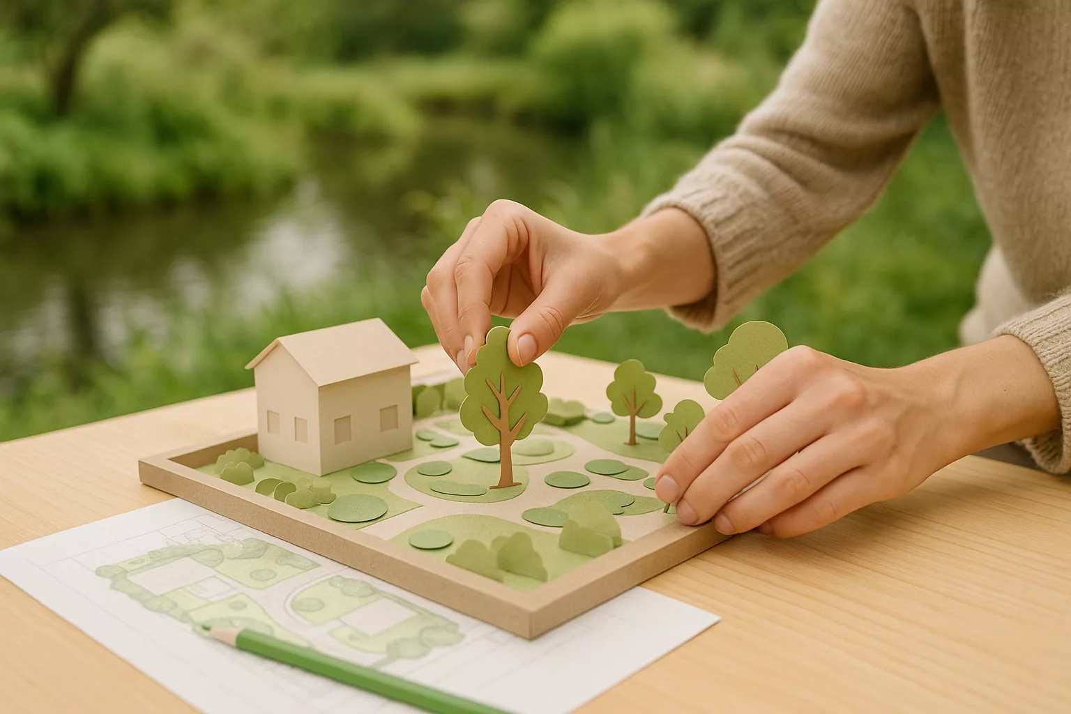 создание бумажного макета проекта на природе, видны руки