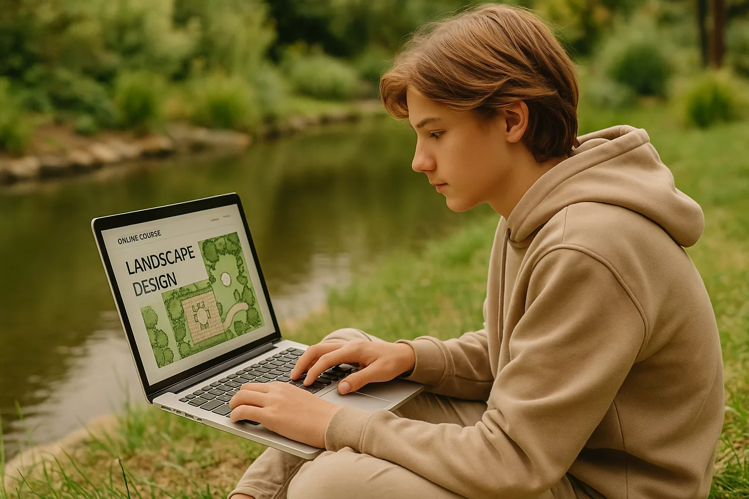 подросток работает над проектом у воды с ноутбуком